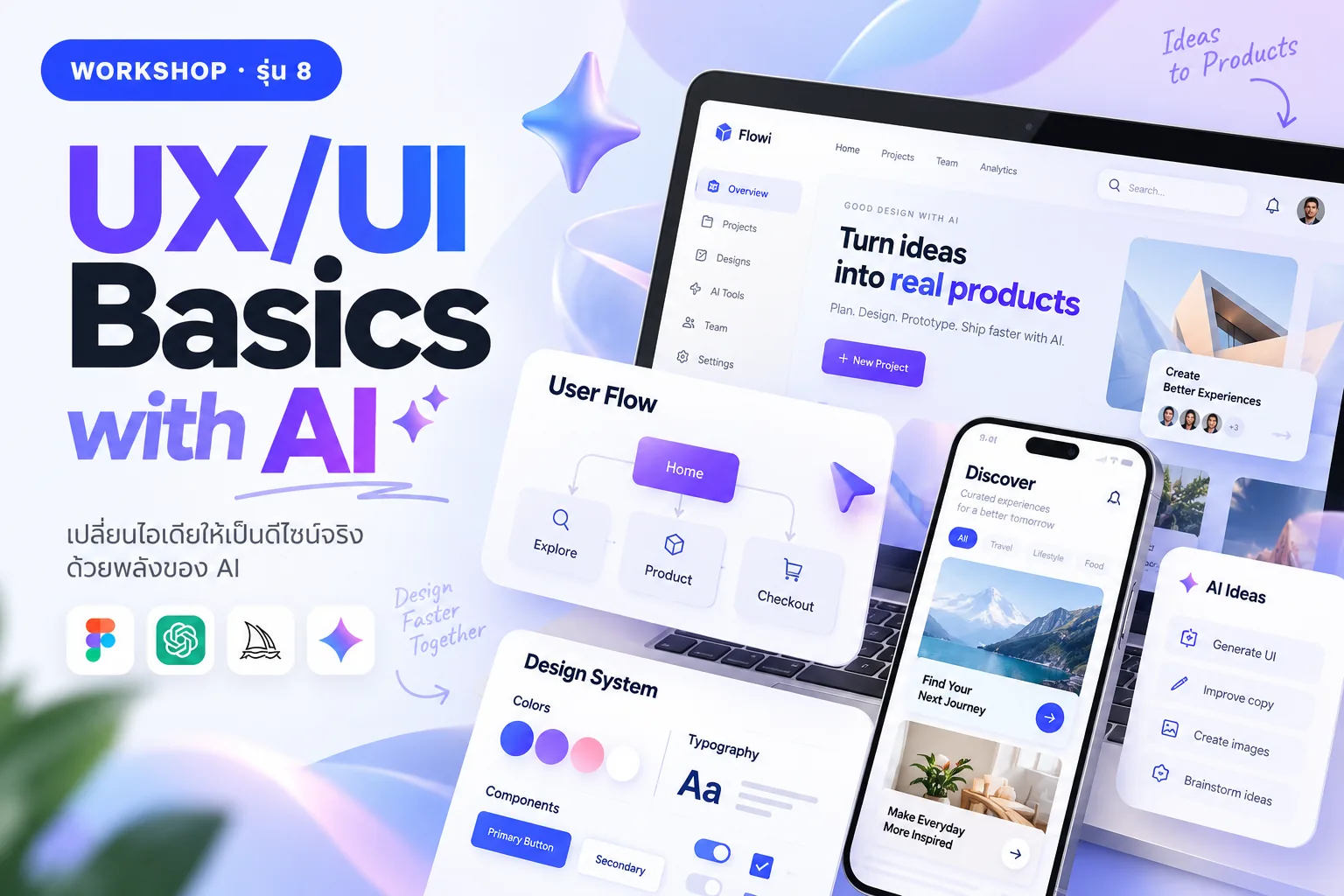 ตัวอย่างหน้าจอ UI, User Flow และ Design System สำหรับ UX/UI Basics with AI รุ่น 8